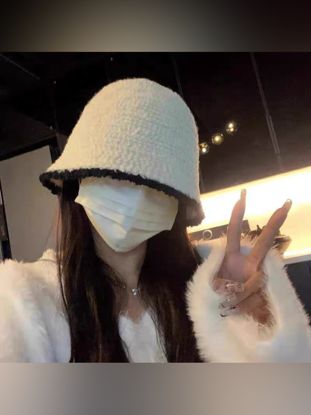 Cream Bouclé Bucket Hat with Black Trim - Picture 2 of 5